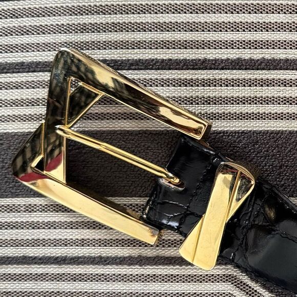 VTG Donna Katz Black Leather Croc Gold Buckle Belt Size L - Picture 4 of 9